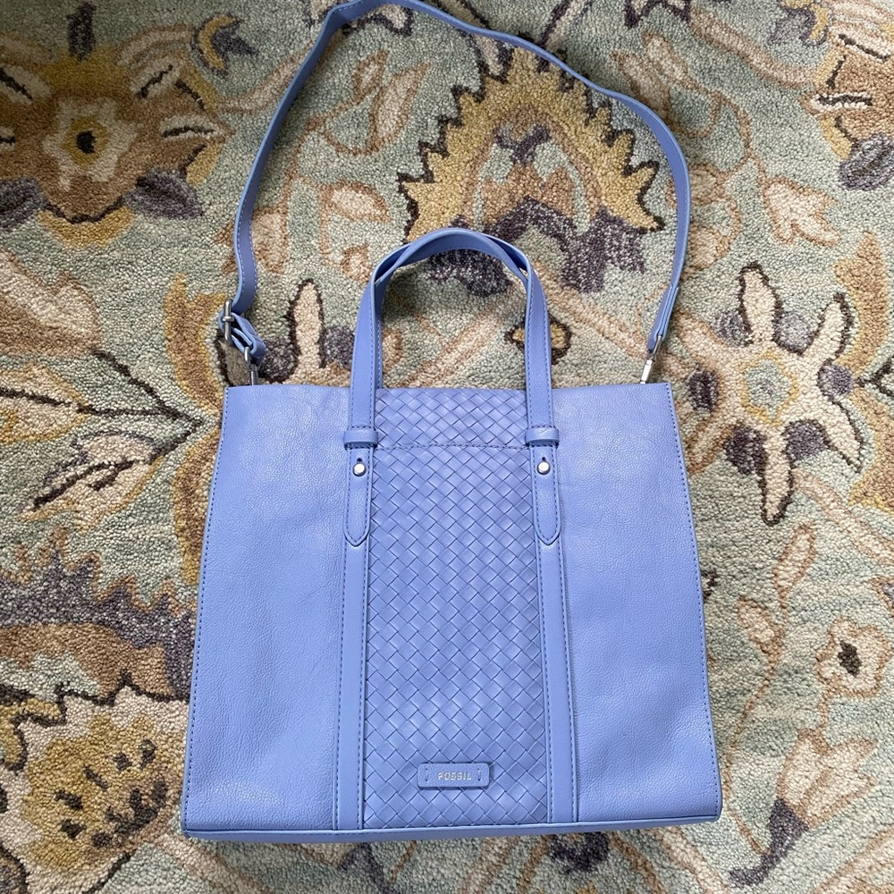 Fossil Periwinkle Blue Woven Front Tote Bag
